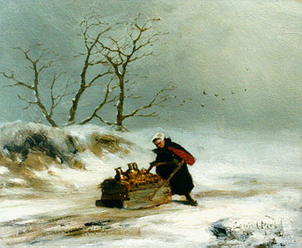 Apol L.F.H. | Lodewijk Franciscus Hendrik 'Louis' Apol, Vrouw met slede in winterlandschap, olieverf op paneel 19,2 x 23,6 cm, gesigneerd rechtsonder en te dateren ca. 1872-1875 Apol L.F.H. | Lodewijk Franciscus Hendrik 'Louis' Apol, Vrouw met slede in winterlandschap, olieverf op paneel 19,2 x 23,6 cm, gesigneerd rechtsonder en te dateren ca. 1872-1875