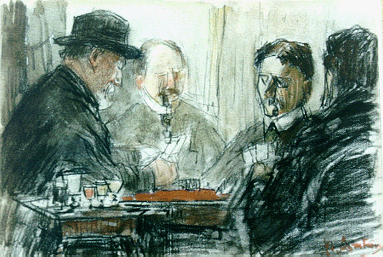 Arntzenius P.F.N.J. | Pieter Florentius Nicolaas Jacobus 'Floris' Arntzenius, Hombre partijtje in Pulchri Studio, houtskool en aquarel op papier 13,7 x 19,5 cm, gesigneerd rechtsonder Arntzenius P.F.N.J. | Pieter Florentius Nicolaas Jacobus 'Floris' Arntzenius, Hombre partijtje in Pulchri Studio, houtskool en aquarel op papier 13,7 x 19,5 cm, gesigneerd rechtsonder