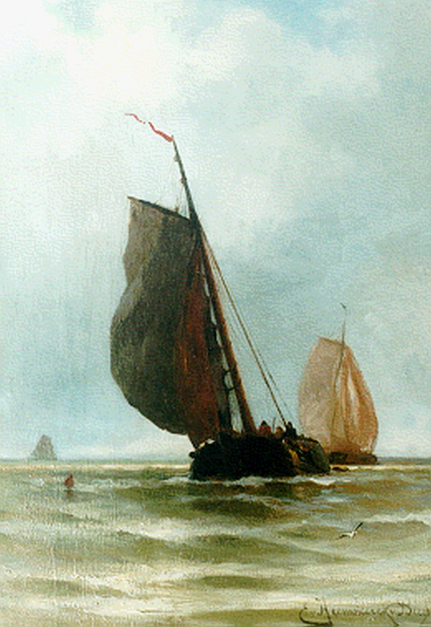 Heemskerck van Beest J.E. van | Jacob Eduard van Heemskerck van Beest, Zeilende platbodems, olieverf op paneel 50,0 x 34,7 cm, gesigneerd rechtsonder