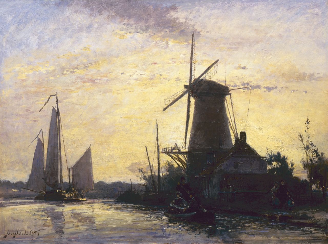 Jongkind J.B. | Johan Barthold Jongkind, Zeilboten op de Schie in de namiddagschemering, olieverf op doek 42,4 x 56,3 cm, gesigneerd linksonder en gedateerd 1857 Jongkind J.B. | Johan Barthold Jongkind, Zeilboten op de Schie in de namiddagschemering, olieverf op doek 42,4 x 56,3 cm, gesigneerd linksonder en gedateerd 1857