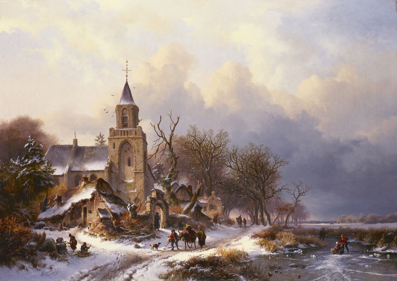 Kruseman F.M. | Frederik Marinus Kruseman, Winters landschap met kerk en figuren, olieverf op doek 79,0 x 111,3 cm, gesigneerd linksonder en gedateerd 1858 Kruseman F.M. | Frederik Marinus Kruseman, Winters landschap met kerk en figuren, olieverf op doek 79,0 x 111,3 cm, gesigneerd linksonder en gedateerd 1858