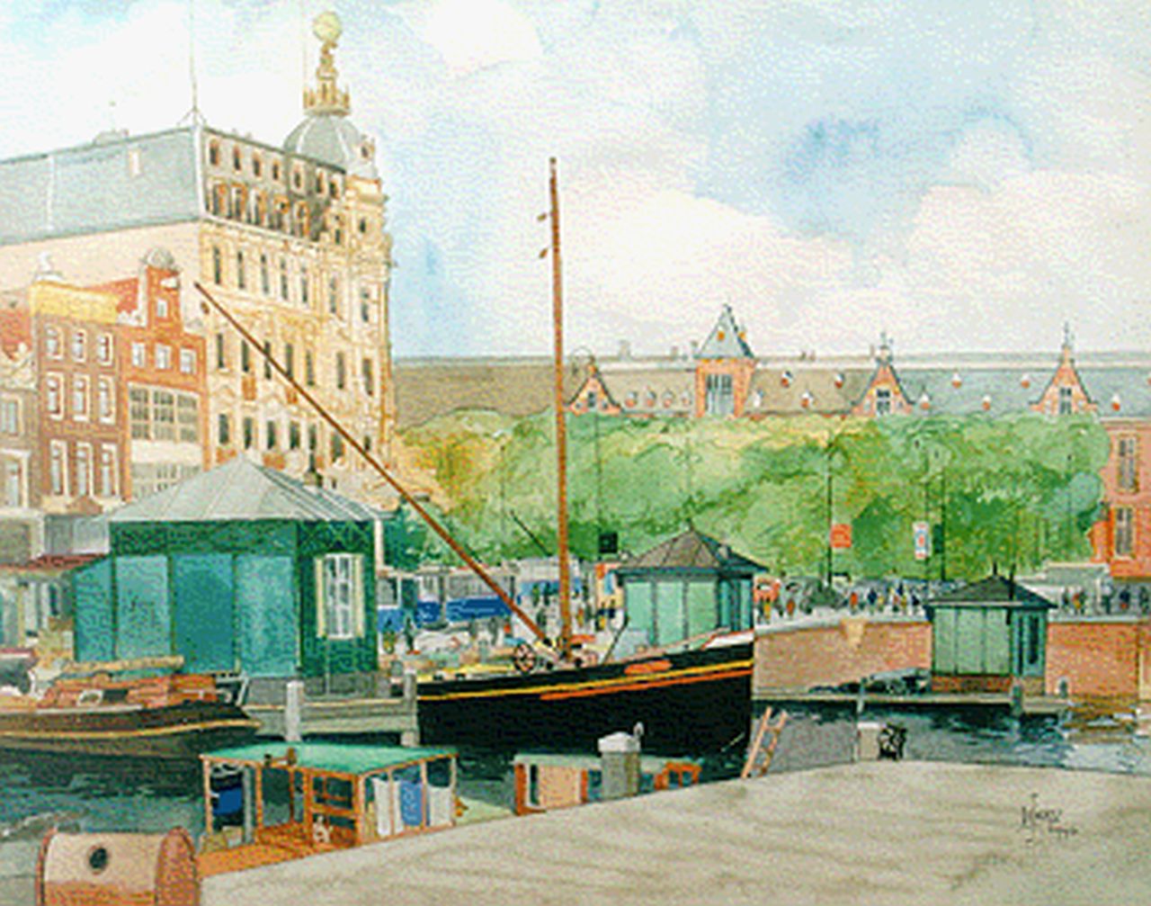 Wiertz H.L. | Henri Louis 'Joub' Wiertz, Gezicht op het Centraal Station in Amsterdam, aquarel op papier 38,0 x 48,0 cm, gesigneerd rechtsonder en gedateerd 1946 Wiertz H.L. | Henri Louis 'Joub' Wiertz, Gezicht op het Centraal Station in Amsterdam, aquarel op papier 38,0 x 48,0 cm, gesigneerd rechtsonder en gedateerd 1946