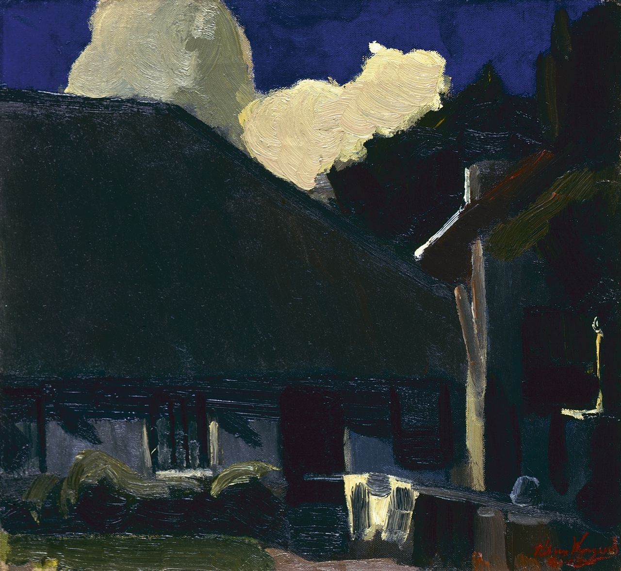 Wijngaerdt P.T. van | Petrus Theodorus 'Piet' van Wijngaerdt, Boerenwoning met blauwe lucht en witte wolken, olieverf op doek 38,4 x 41,4 cm, gesigneerd rechtsonder en te dateren ca. 1915
