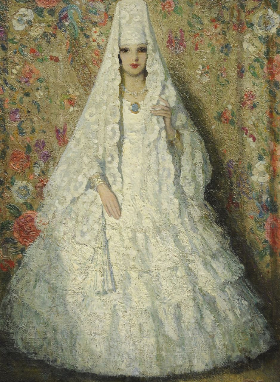 Mora F.L.  | Francis Luis Mora, Mantilla blanca, olieverf op doek 40,5 x 30,5 cm, gesigneerd rechtsonder