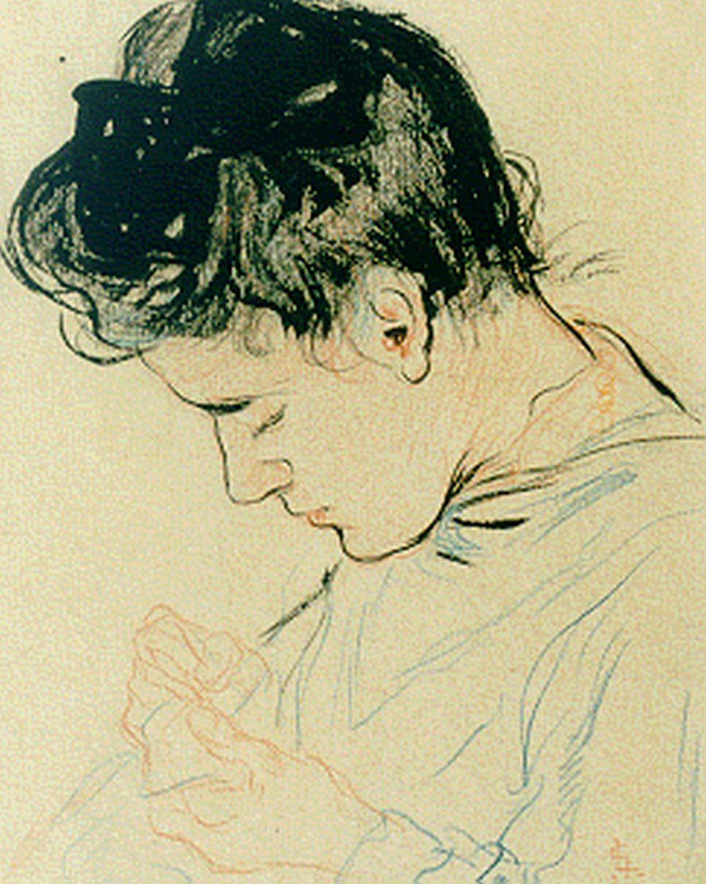 Gestel L. | Leendert 'Leo' Gestel, Portret van Antje, zuster van de schilder, inkt en kleurpotlood op papier 17,0 x 13,5 cm, gesigneerd rechtsonder monogram Gestel L. | Leendert 'Leo' Gestel, Portret van Antje, zuster van de schilder, inkt en kleurpotlood op papier 17,0 x 13,5 cm, gesigneerd rechtsonder monogram