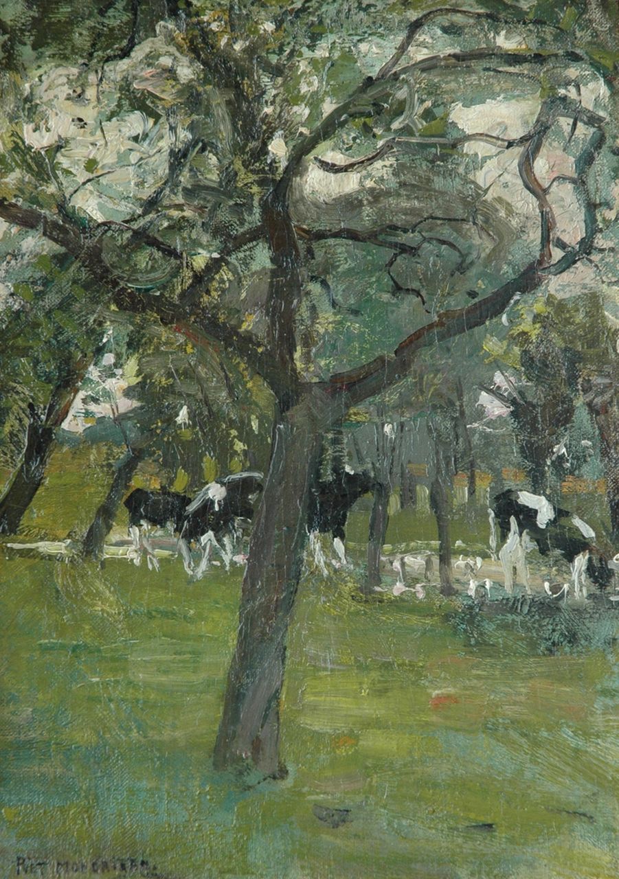 Mondriaan P.C. | Pieter Cornelis 'Piet' Mondriaan, Koeien onder de bomen bij een beekje, olieverf op doek op schildersboard 37,4 x 27,1 cm, gesigneerd linksonder en te dateren ca. 1902-1905 Mondriaan P.C. | Pieter Cornelis 'Piet' Mondriaan, Koeien onder de bomen bij een beekje, olieverf op doek op schildersboard 37,4 x 27,1 cm, gesigneerd linksonder en te dateren ca. 1902-1905