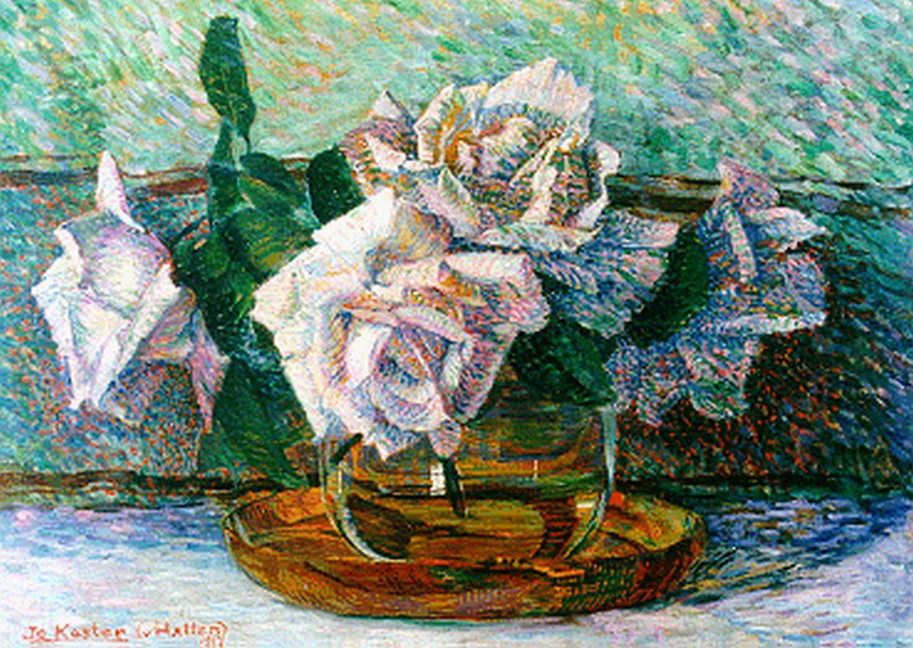 Koster J.P.C.A. | Johanna Petronella Catharina Antoinetta 'Jo' Koster, Stilleven met rozen in een glazen vaas, olieverf op doek 27,3 x 38,5 cm, gesigneerd linksonder en gedateerd 1917 Koster J.P.C.A. | Johanna Petronella Catharina Antoinetta 'Jo' Koster, Stilleven met rozen in een glazen vaas, olieverf op doek 27,3 x 38,5 cm, gesigneerd linksonder en gedateerd 1917
