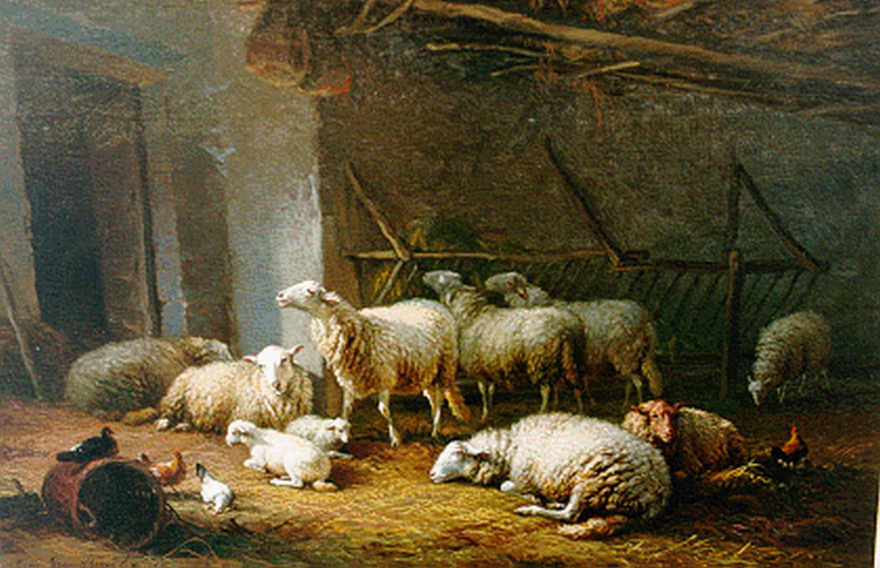 Verboeckhoven E.J. | Eugène Joseph Verboeckhoven, Pluimvee en schapen in een stal, olieverf op doek 32,5 x 48,2 cm, gesigneerd linksonder en gedateerd 1860 Verboeckhoven E.J. | Eugène Joseph Verboeckhoven, Pluimvee en schapen in een stal, olieverf op doek 32,5 x 48,2 cm, gesigneerd linksonder en gedateerd 1860