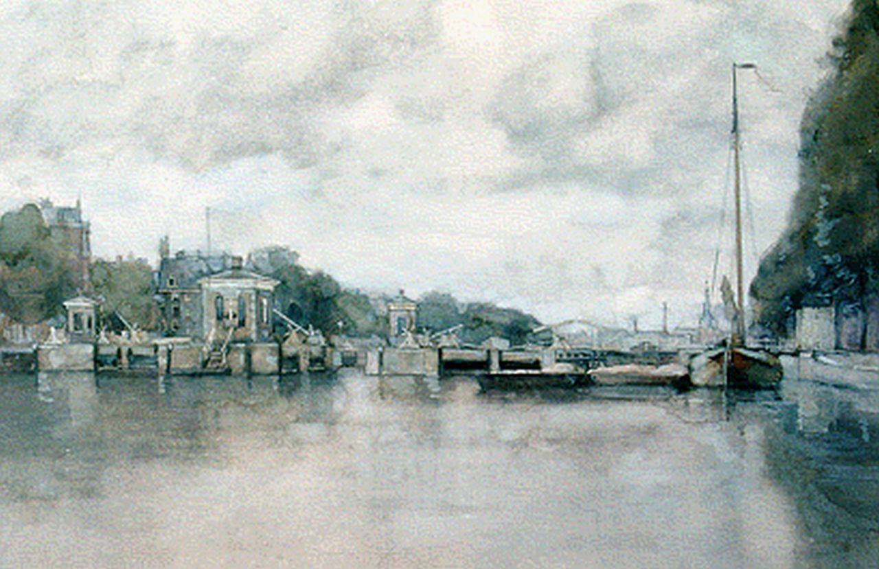 Muller G.G. | 'Gerard' Gustaaf Muller, Riviersluizen in de Amstel met het Koninklijk Theater Carré, Amsterdam, aquarel op papier 33,0 x 48,5 cm, gesigneerd linksonder Muller G.G. | 'Gerard' Gustaaf Muller, Riviersluizen in de Amstel met het Koninklijk Theater Carré, Amsterdam, aquarel op papier 33,0 x 48,5 cm, gesigneerd linksonder
