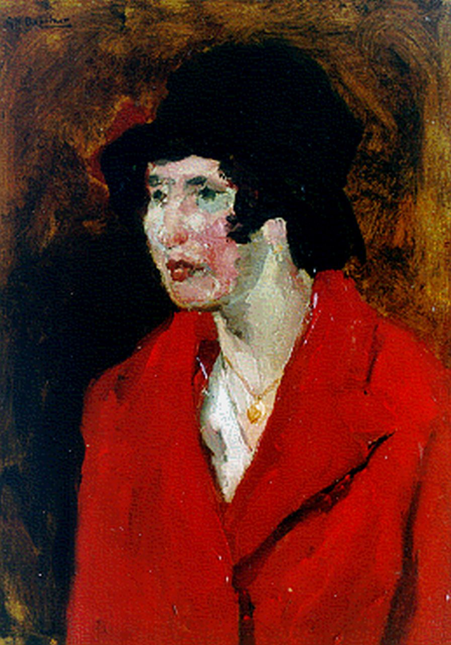 Breitner G.H. | George Hendrik Breitner, De dame met de rode mantel, olieverf op paneel 39,5 x 29,0 cm, gesigneerd linksboven Breitner G.H. | George Hendrik Breitner, De dame met de rode mantel, olieverf op paneel 39,5 x 29,0 cm, gesigneerd linksboven