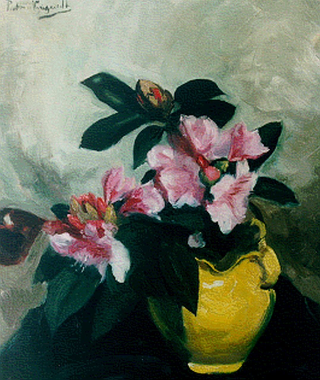 Wijngaerdt P.T. van | Petrus Theodorus 'Piet' van Wijngaerdt, Rododendrons in een vaas, olieverf op doek 79,8 x 67,6 cm, gesigneerd linksboven Wijngaerdt P.T. van | Petrus Theodorus 'Piet' van Wijngaerdt, Rododendrons in een vaas, olieverf op doek 79,8 x 67,6 cm, gesigneerd linksboven