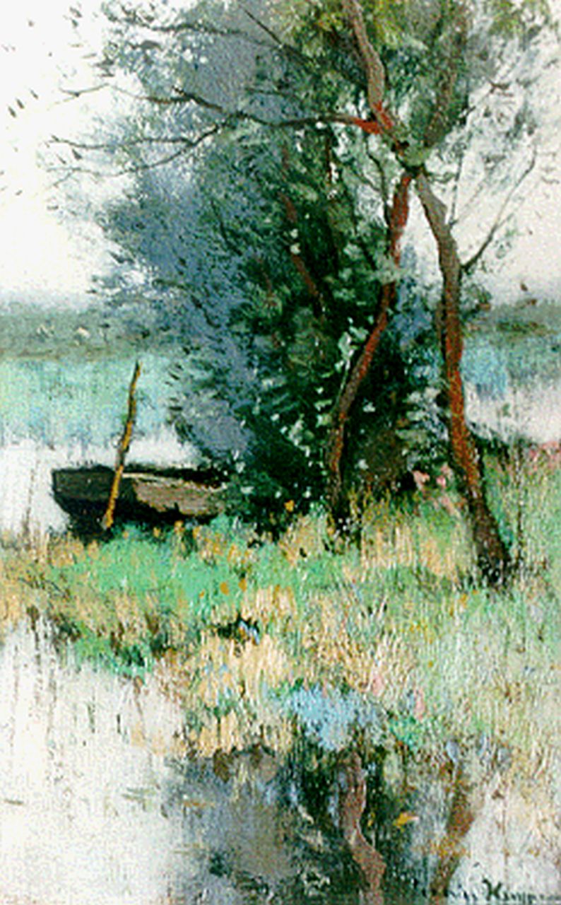 Kuijpers C. | Cornelis Kuijpers, Poldervaart met afgemeerde roeiboot, olieverf op doek 20,7 x 13,2 cm, gesigneerd rechtsonder Kuijpers C. | Cornelis Kuijpers, Poldervaart met afgemeerde roeiboot, olieverf op doek 20,7 x 13,2 cm, gesigneerd rechtsonder
