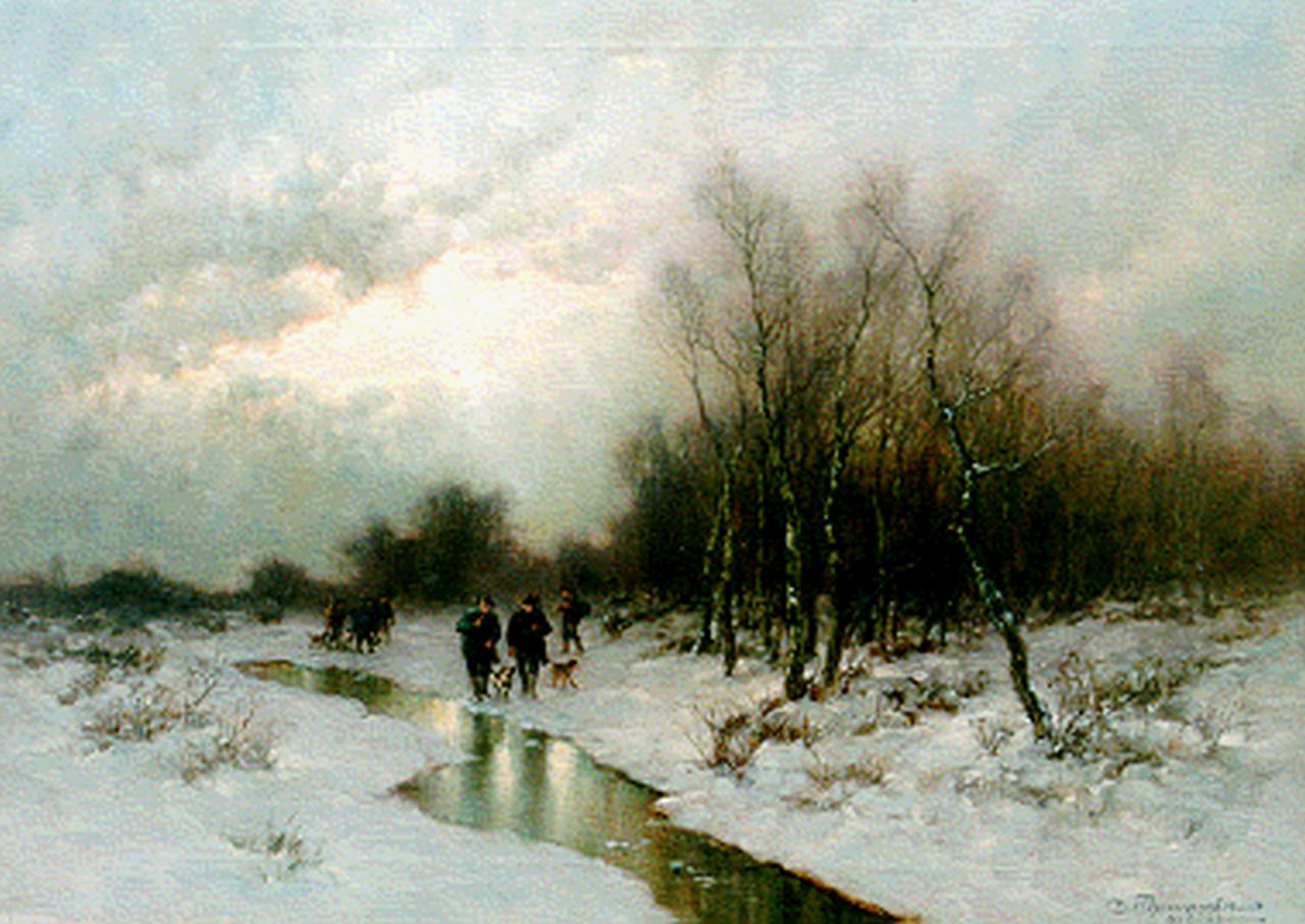 Thomassin D. | Désiré Thomassin, Winterse jacht, olieverf op doek 49,7 x 69,7 cm, gesigneerd rechtsonder Thomassin D. | Désiré Thomassin, Winterse jacht, olieverf op doek 49,7 x 69,7 cm, gesigneerd rechtsonder