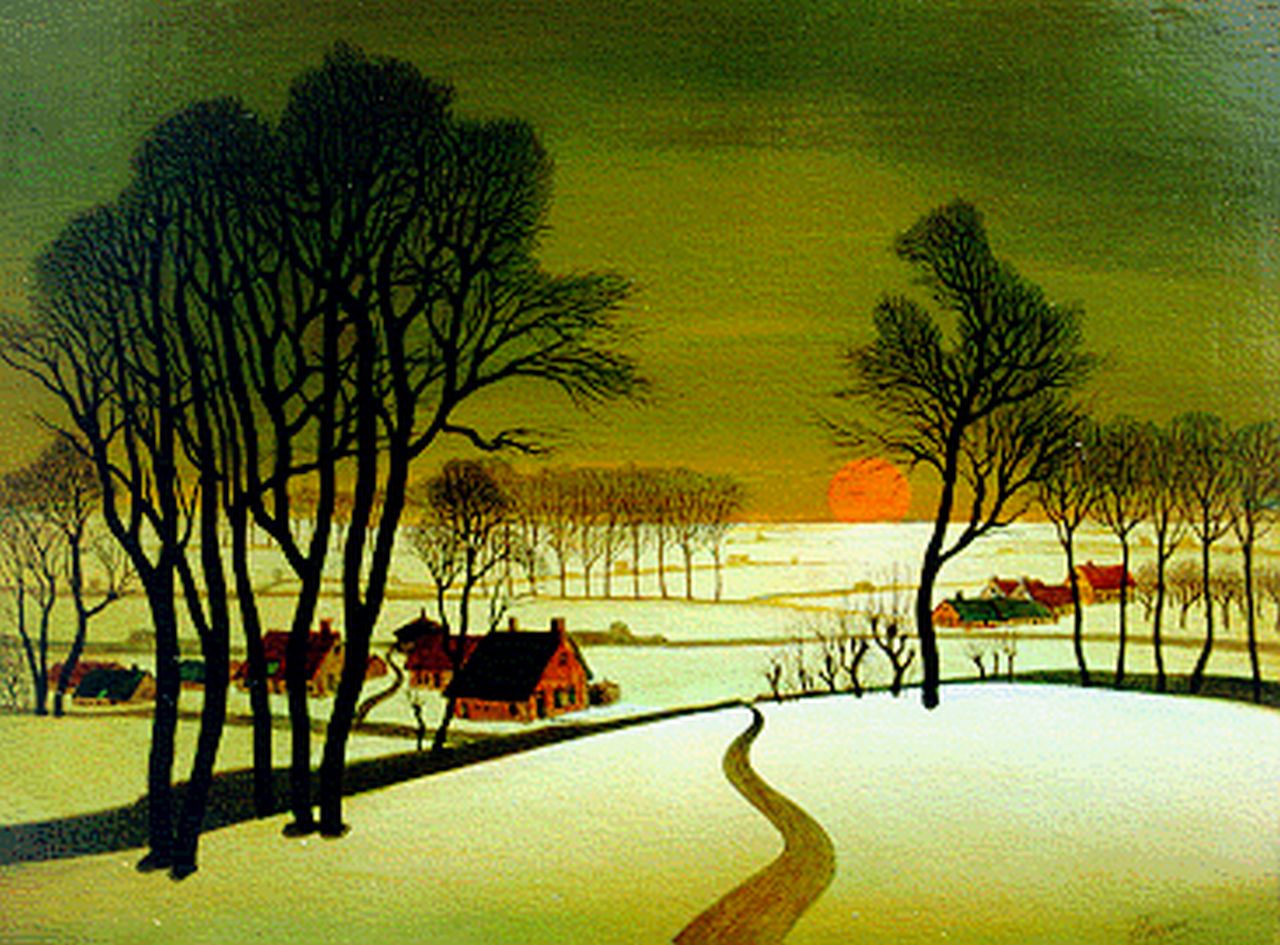 Kuppens J.H. | Jan Hendrik Kuppens, Sneeuwlandschap met ondergaande zon, olieverf op paneel 15,0 x 20,0 cm, gesigneerd rechtsonder Kuppens J.H. | Jan Hendrik Kuppens, Sneeuwlandschap met ondergaande zon, olieverf op paneel 15,0 x 20,0 cm, gesigneerd rechtsonder