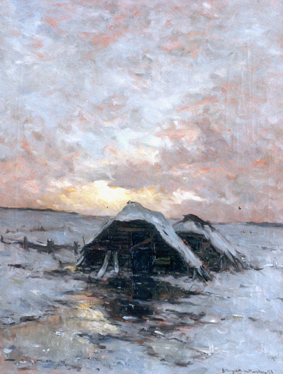 Munthe G.A.L. | Gerhard Arij Ludwig 'Morgenstjerne' Munthe, Zonsondergang in sneeuwlandschap, olieverf op doek 98,5 x 76,3 cm, gesigneerd rechtsonder en gedateerd 1913 Munthe G.A.L. | Gerhard Arij Ludwig 'Morgenstjerne' Munthe, Zonsondergang in sneeuwlandschap, olieverf op doek 98,5 x 76,3 cm, gesigneerd rechtsonder en gedateerd 1913