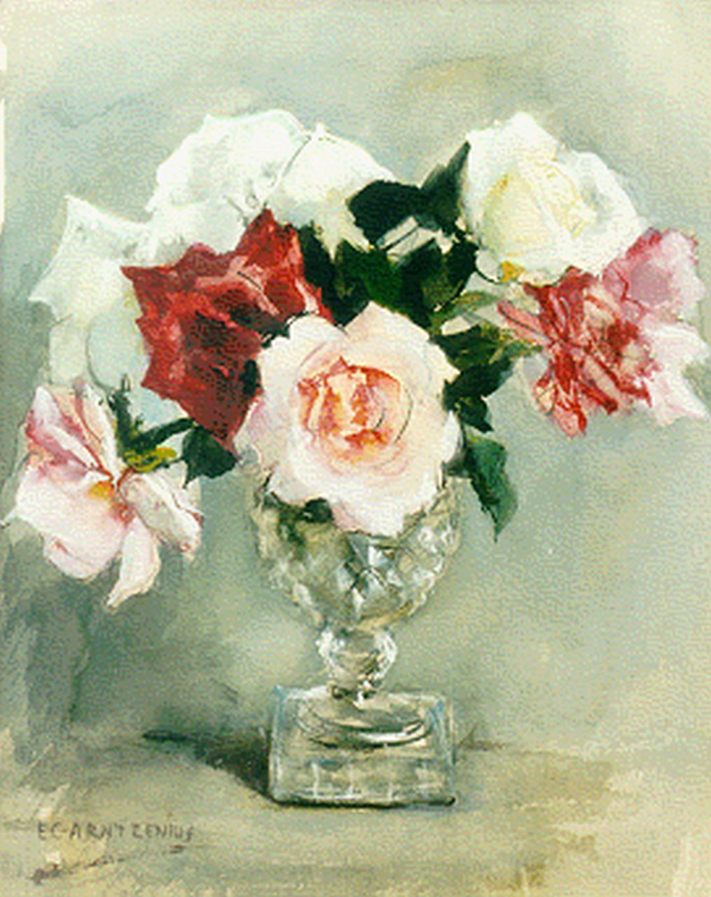Arntzenius E.C. | Elise Claudine Arntzenius, Rozen in kristallen vaas, aquarel en gouache op papier 34,0 x 26,8 cm, gesigneerd l.o Arntzenius E.C. | Elise Claudine Arntzenius, Rozen in kristallen vaas, aquarel en gouache op papier 34,0 x 26,8 cm, gesigneerd l.o