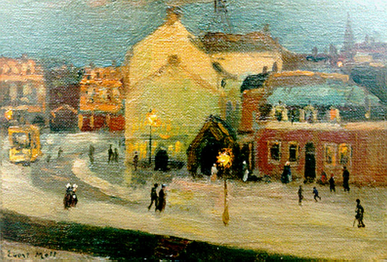 Moll E. | Evert Moll, Stadsgezicht bij avond, olieverf op doek op paneel 13,4 x 19,5 cm, gesigneerd linksonder Moll E. | Evert Moll, Stadsgezicht bij avond, olieverf op doek op paneel 13,4 x 19,5 cm, gesigneerd linksonder