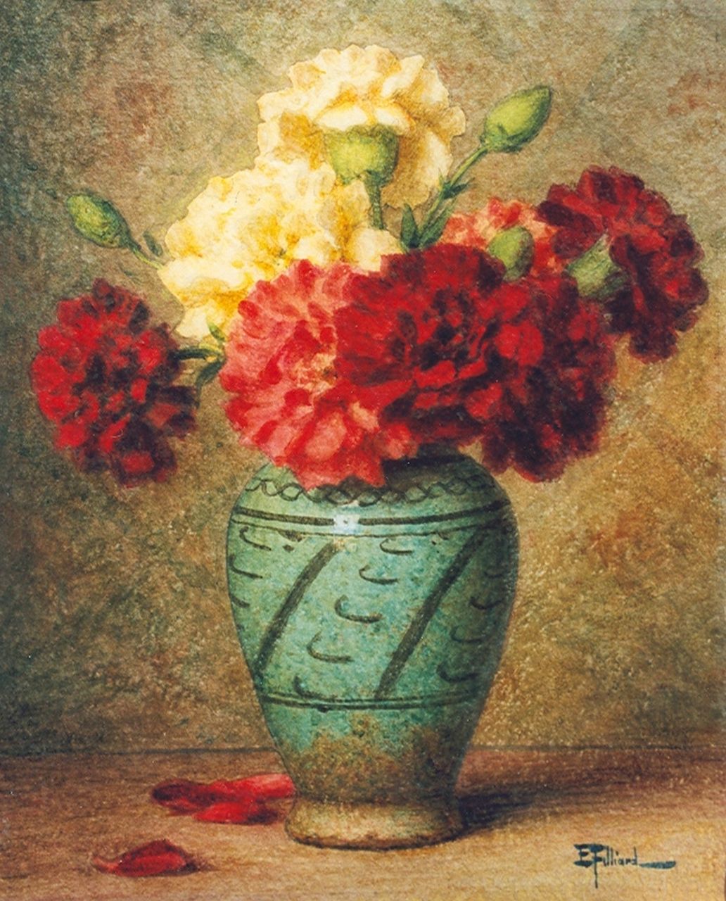 Filliard E.  | Ernest Filliard, Stilleven met anjers in een vaas, aquarel op papier 35,7 x 28,7 cm, gesigneerd rechtsonder