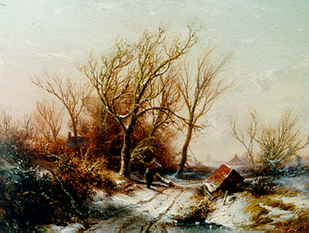 Kluyver P.L.F. | 'Pieter' Lodewijk Francisco Kluyver, Winters landschap met wandelaar, olieverf op paneel 23,3 x 30,8 cm, gesigneerd rechtsonder Kluyver P.L.F. | 'Pieter' Lodewijk Francisco Kluyver, Winters landschap met wandelaar, olieverf op paneel 23,3 x 30,8 cm, gesigneerd rechtsonder