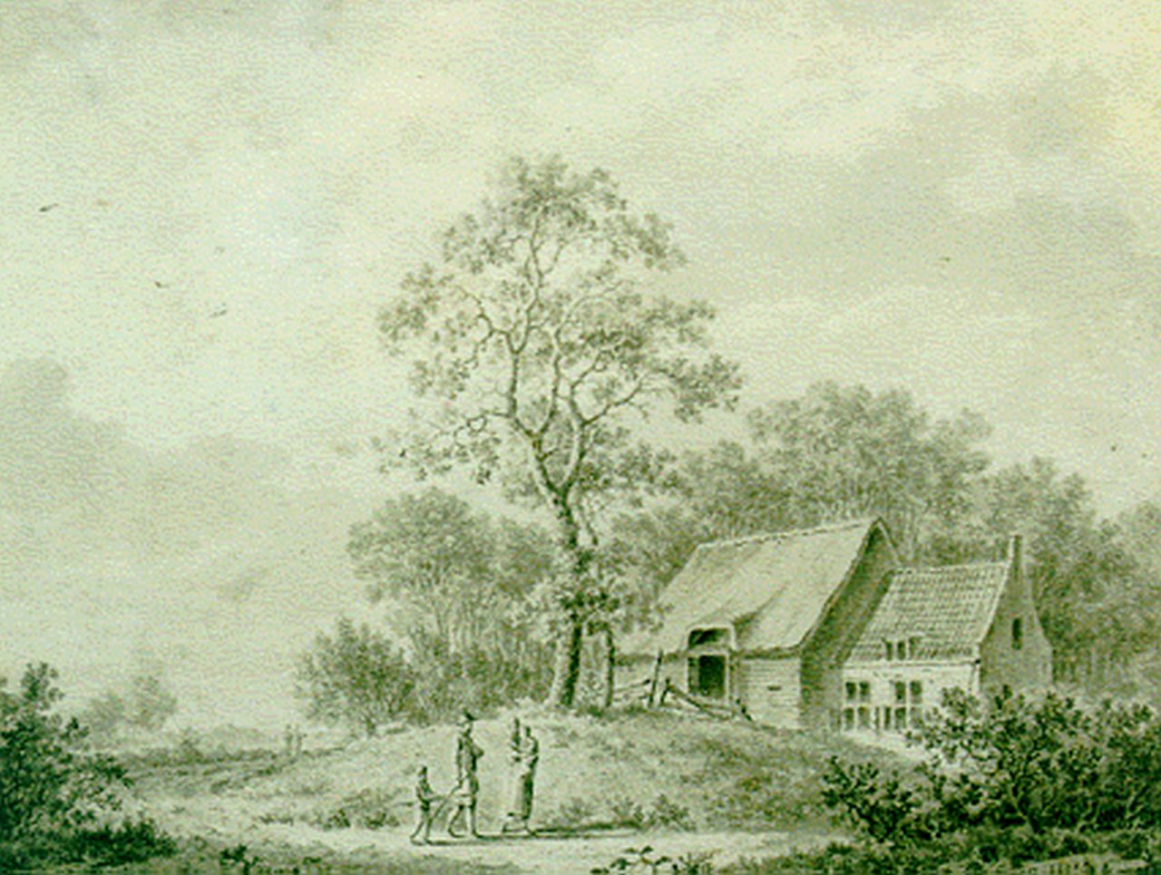 Koekkoek B.C. | Barend Cornelis Koekkoek, Zomers landschap met wandelaars, sepia op papier 13,6 x 17,5 cm, gesigneerd rechtsonder Koekkoek B.C. | Barend Cornelis Koekkoek, Zomers landschap met wandelaars, sepia op papier 13,6 x 17,5 cm, gesigneerd rechtsonder