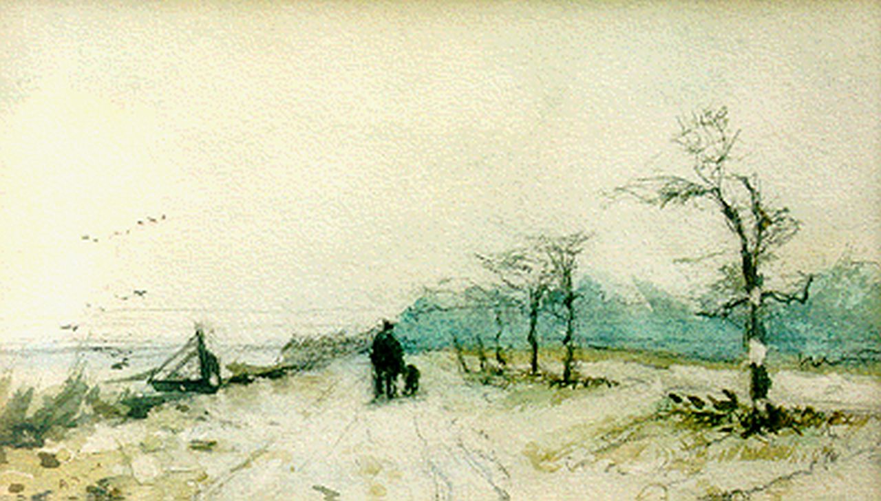 Apol L.F.H. | Lodewijk Franciscus Hendrik 'Louis' Apol, Reizigers op een pad, krijt en aquarel op papier 16,5 x 28,2 cm Apol L.F.H. | Lodewijk Franciscus Hendrik 'Louis' Apol, Reizigers op een pad, krijt en aquarel op papier 16,5 x 28,2 cm