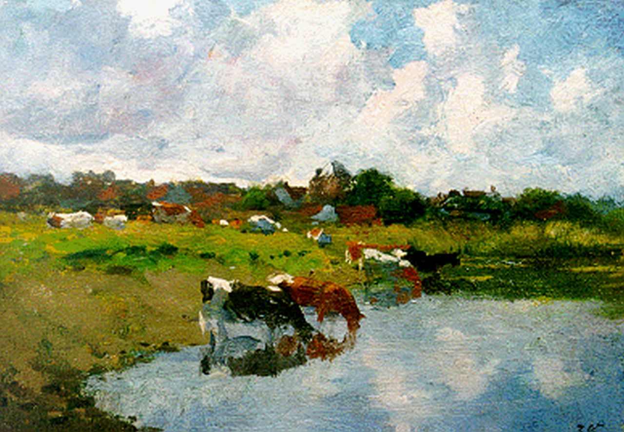 Voerman sr. J. | Jan Voerman sr., Drinkende koeien, olieverf op paneel 17,7 x 25,3 cm, gesigneerd rechtsonder ini Voerman sr. J. | Jan Voerman sr., Drinkende koeien, olieverf op paneel 17,7 x 25,3 cm, gesigneerd rechtsonder ini
