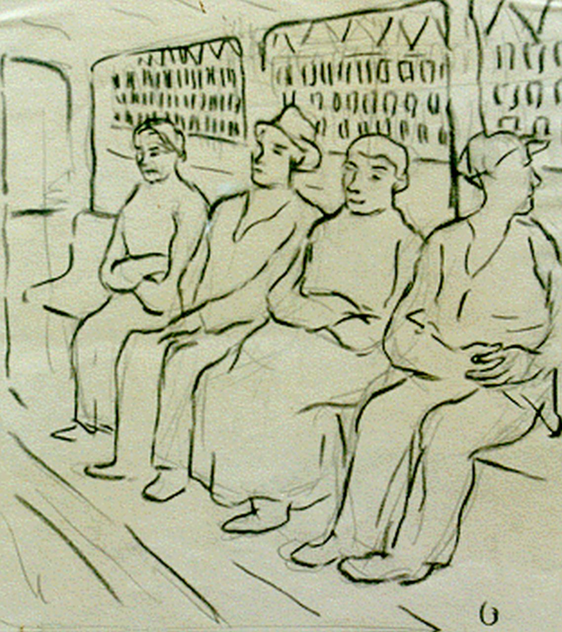 Oepts W.A.  | Willem Anthonie 'Wim' Oepts, Figuren op een veerboot, potlood en krijt op papier 23,0 x 21,0 cm, gesigneerd rechtsonder met 'O'