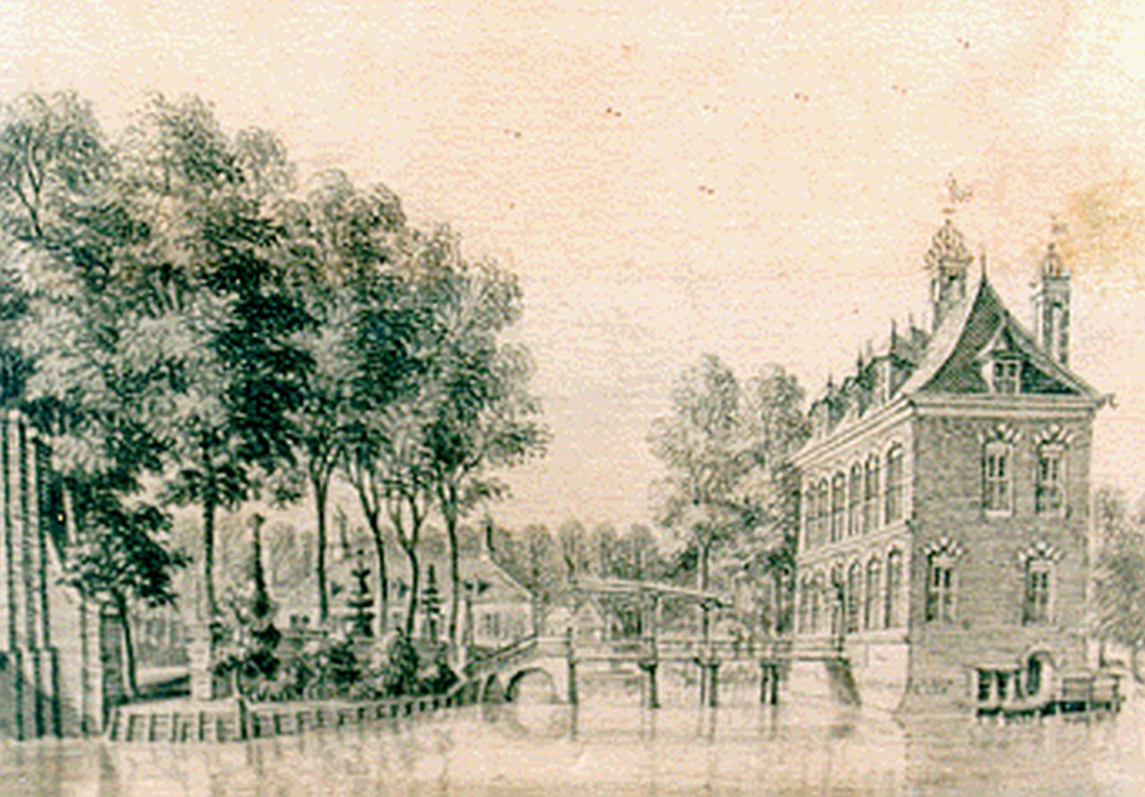 Beijer J. de | Jan de Beijer, 't Huys de Vliet, van agteren te sien', aquarel op papier 6,9 x 9,9 cm, gesigneerd achterzijde
