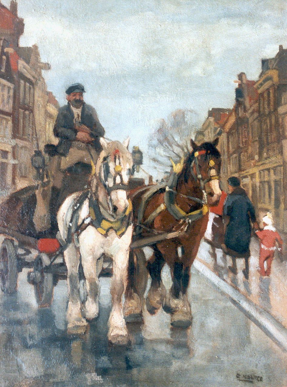 Noltee B.C. | Bernardus Cornelis 'Cor' Noltee, Paard en wagen in een straatje, olieverf op doek 65,2 x 48,5 cm, gesigneerd rechtsonder Noltee B.C. | Bernardus Cornelis 'Cor' Noltee, Paard en wagen in een straatje, olieverf op doek 65,2 x 48,5 cm, gesigneerd rechtsonder