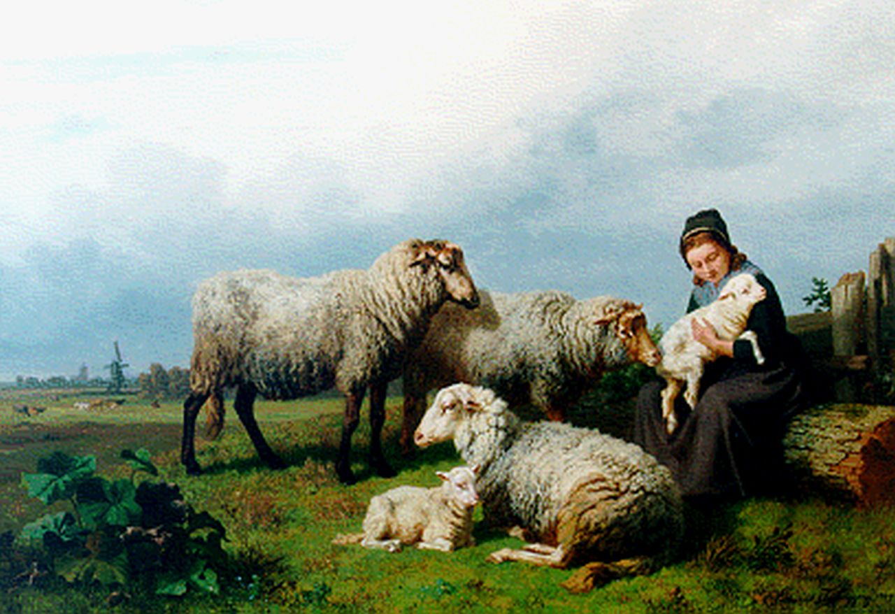 Tschaggeny E.J.B. | Edmond Jean-Baptiste Tschaggeny, Schapenhoedster met schapen en lammetjes, olieverf op doek 75,2 x 110,6 cm, gesigneerd rechtsonder en gedateerd 1869 Tschaggeny E.J.B. | Edmond Jean-Baptiste Tschaggeny, Schapenhoedster met schapen en lammetjes, olieverf op doek 75,2 x 110,6 cm, gesigneerd rechtsonder en gedateerd 1869
