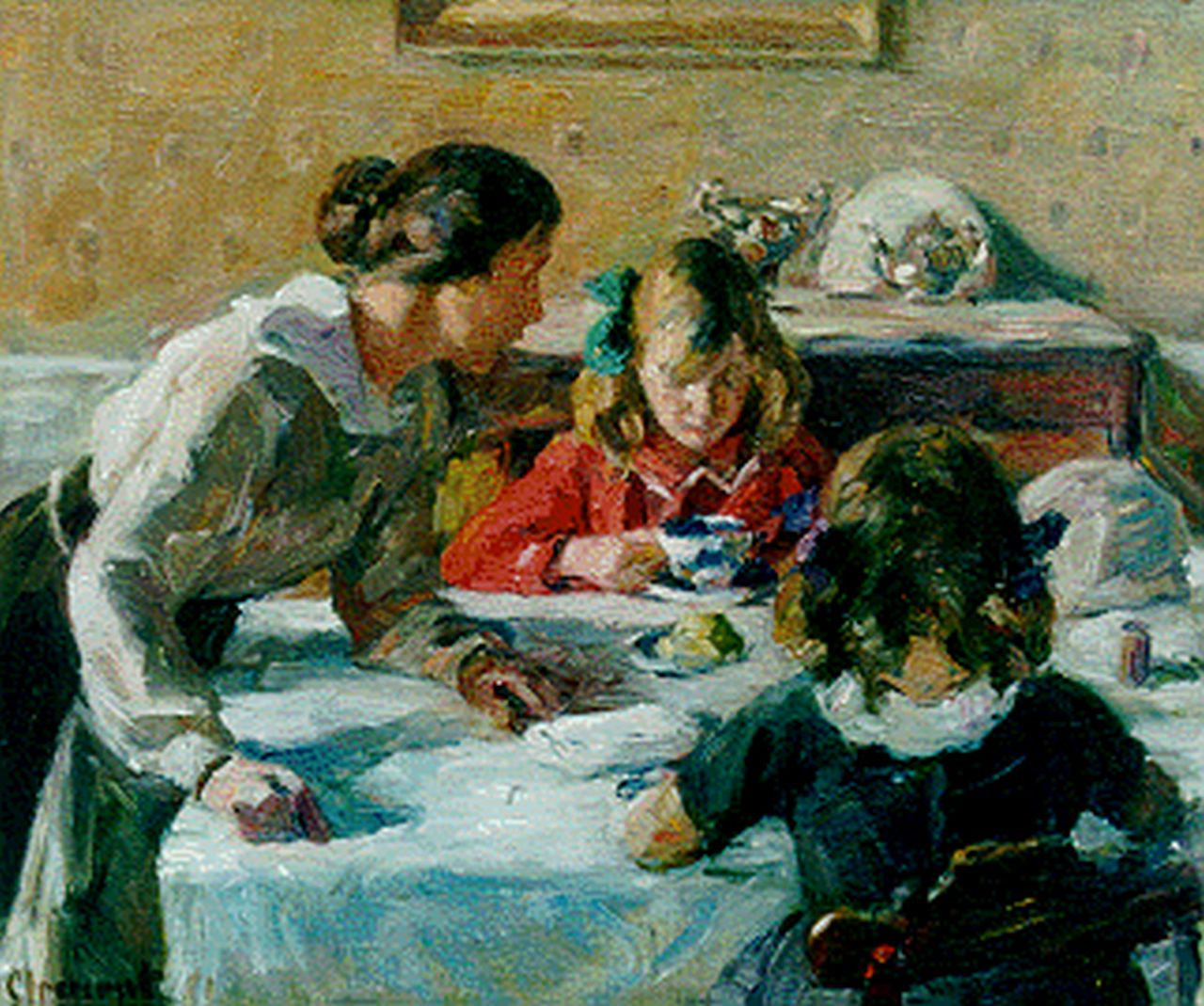 Clement G.F.  | Gad Frederik Clement, Aan de ontbijttafel, olieverf op doek 36,7 x 43,4 cm, gesigneerd linksonder