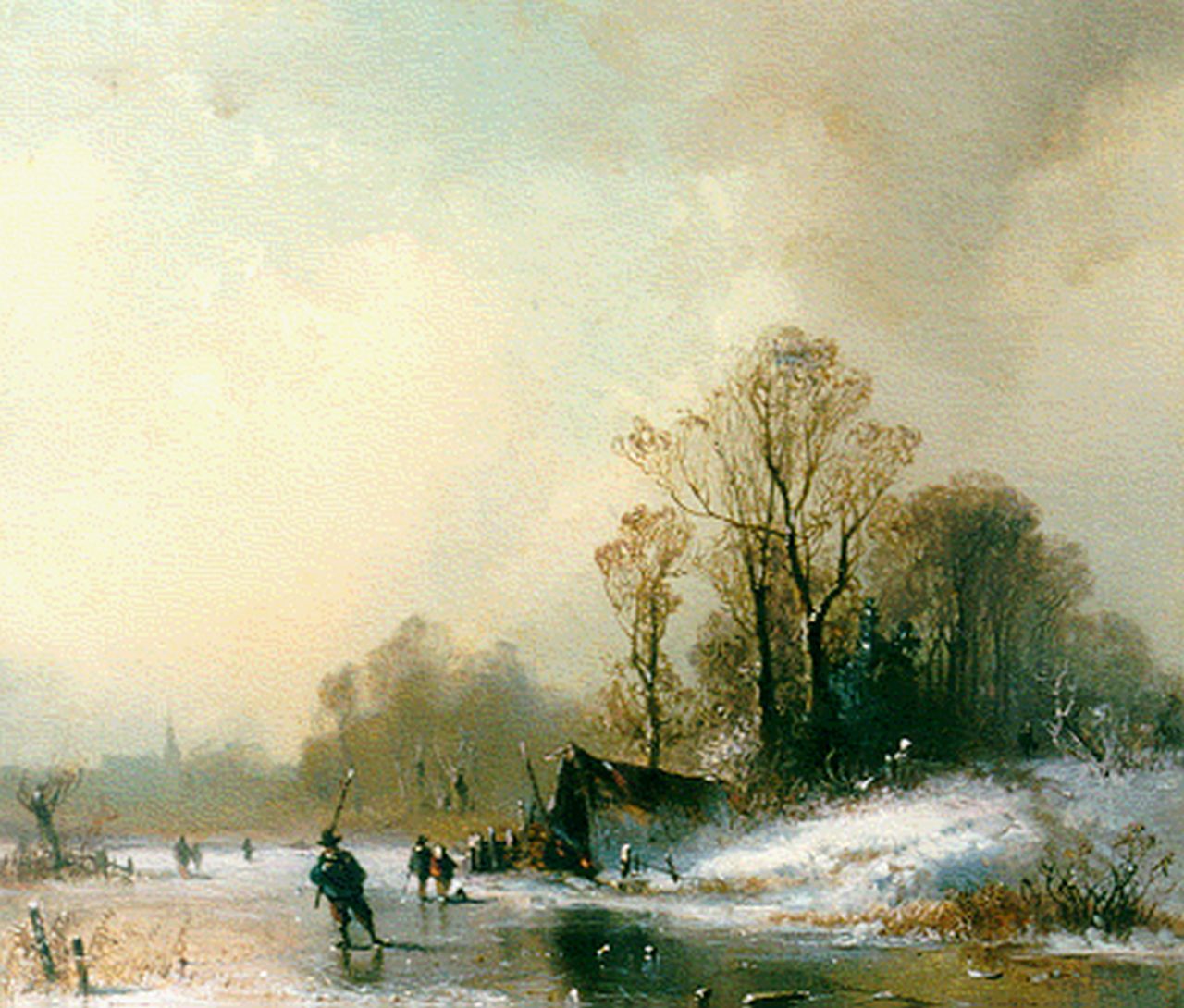 Stademann A. | Adolf Stademann, Winterlandschap met figuren op het ijs, olieverf op paneel 23,1 x 27,0 cm, gesigneerd rechtsonder Stademann A. | Adolf Stademann, Winterlandschap met figuren op het ijs, olieverf op paneel 23,1 x 27,0 cm, gesigneerd rechtsonder