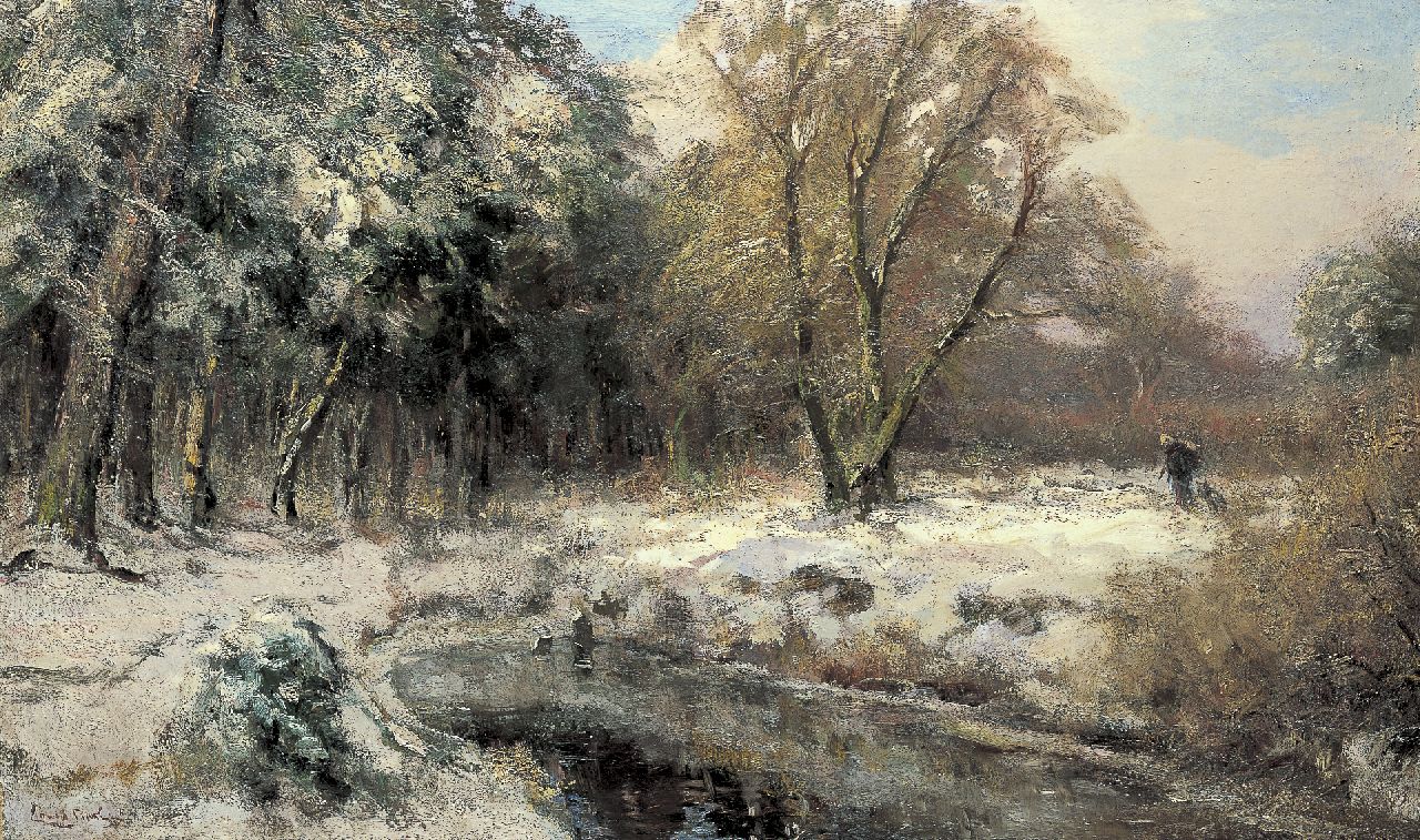Apol L.F.H.  | Lodewijk Franciscus Hendrik 'Louis' Apol, Winterlandschap met sprokkelaarster en haar hond, olieverf op doek 60,0 x 100,3 cm, gesigneerd linksonder