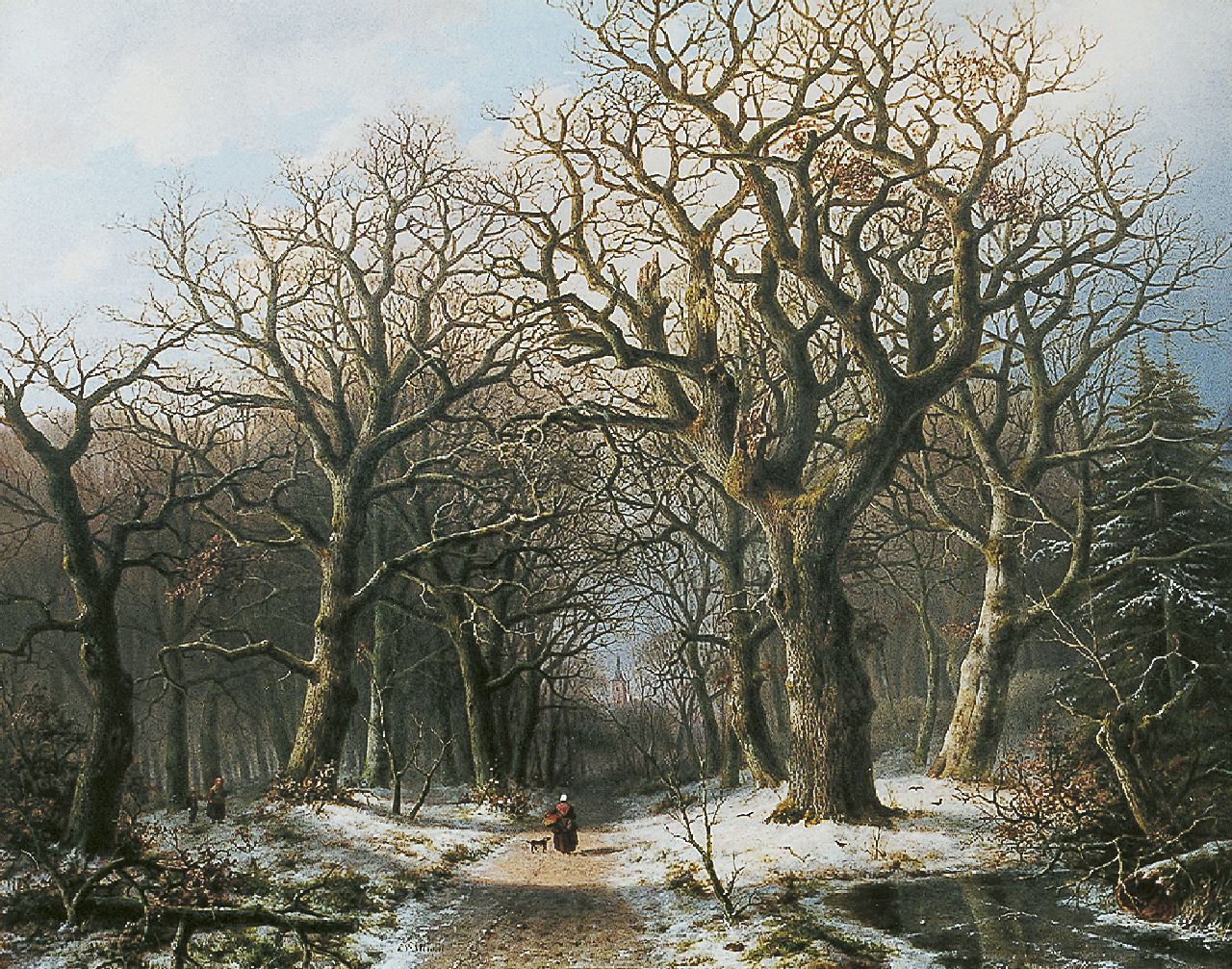Mirani E.B.G.P. | 'Everardus' Benedictus Gregorius Pagano Mirani, Winters bosgezicht met houtsprokkelaars en wandelaarster, olieverf op paneel 59,8 x 76,0 cm, gesigneerd links van het midden. Mirani E.B.G.P. | 'Everardus' Benedictus Gregorius Pagano Mirani, Winters bosgezicht met houtsprokkelaars en wandelaarster, olieverf op paneel 59,8 x 76,0 cm, gesigneerd links van het midden.