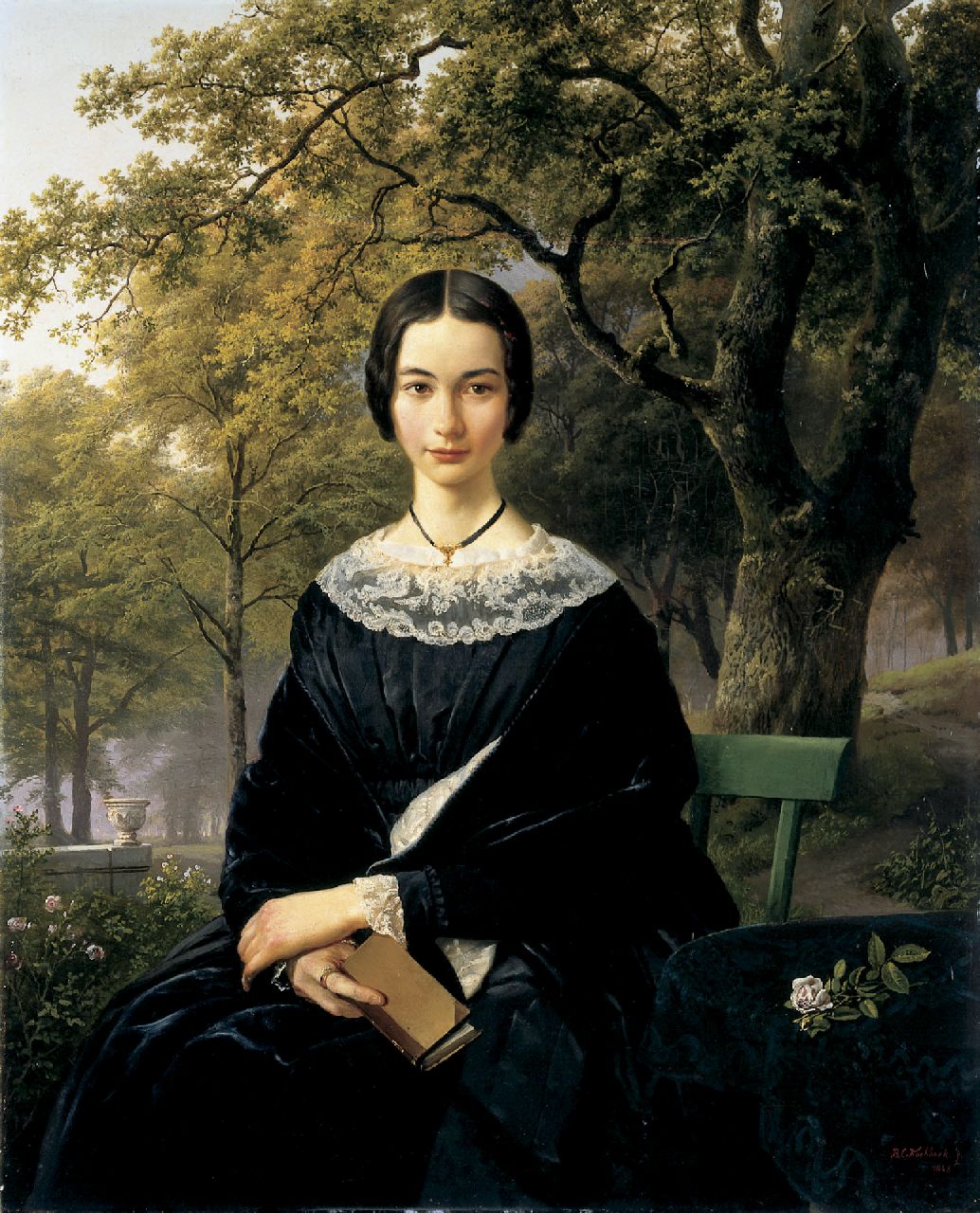 Koekkoek B.C. | Barend Cornelis Koekkoek, Portret van een jonge vrouw in een parklandschap, olieverf op doek 84,7 x 64,0 cm, gesigneerd rechtsonder en gedateerd 1846 Koekkoek B.C. | Barend Cornelis Koekkoek, Portret van een jonge vrouw in een parklandschap, olieverf op doek 84,7 x 64,0 cm, gesigneerd rechtsonder en gedateerd 1846
