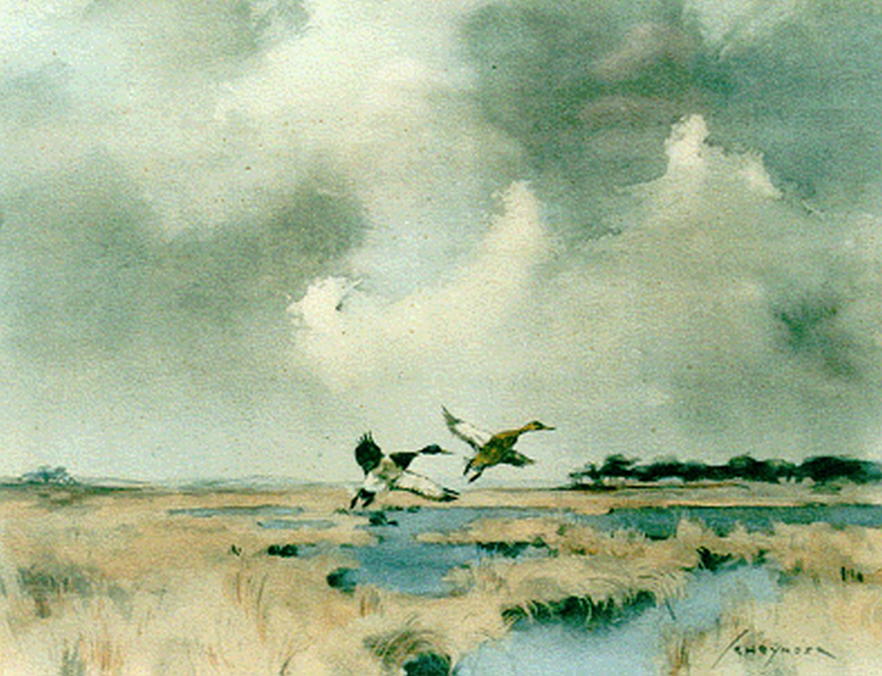 Schrijnder J.A.  | Josephus Alphonus 'Jo' Schrijnder, Opvliegende eenden, aquarel en gouache op papier 21,0 x 27,5 cm, gesigneerd rechtsonder