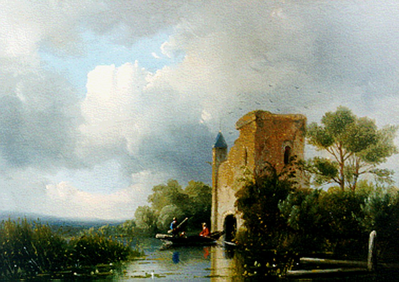 Hoedt J.H.W. | Jan Hendrik Willem Hoedt, Landschap met jagers in een roeiboot, olieverf op paneel 15,7 x 22,2 cm, gesigneerd rechtsonder Hoedt J.H.W. | Jan Hendrik Willem Hoedt, Landschap met jagers in een roeiboot, olieverf op paneel 15,7 x 22,2 cm, gesigneerd rechtsonder