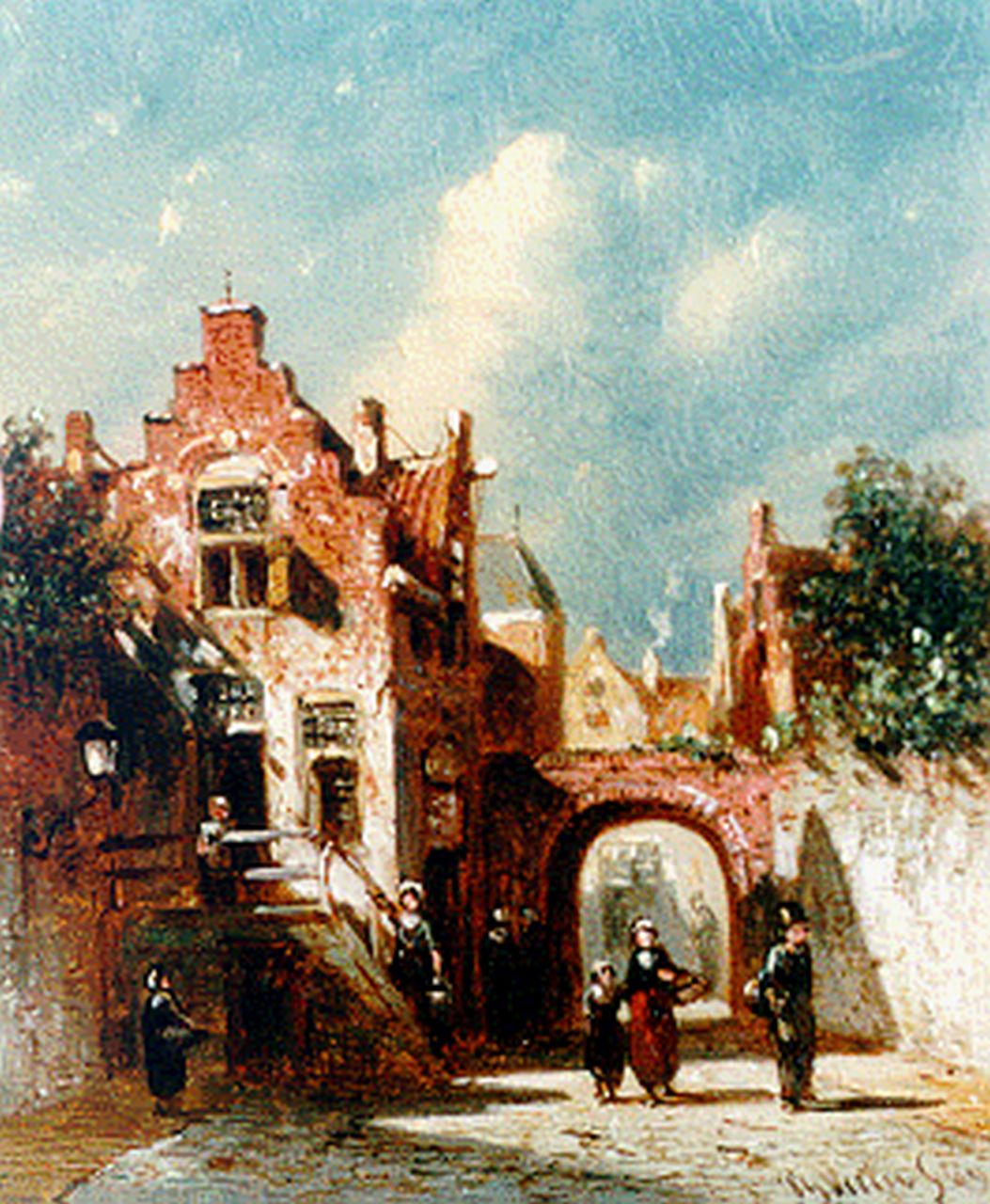 Vertin P.G. | Petrus Gerardus Vertin, Zomers straatje met figuren, olieverf op paneel 13,0 x 10,8 cm, gesigneerd rechtsonder en gedateerd '69 Vertin P.G. | Petrus Gerardus Vertin, Zomers straatje met figuren, olieverf op paneel 13,0 x 10,8 cm, gesigneerd rechtsonder en gedateerd '69