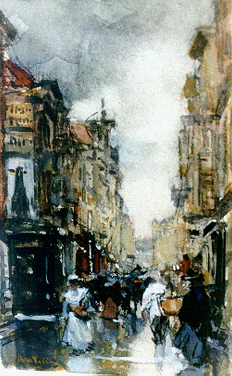Arntzenius P.F.N.J. | Pieter Florentius Nicolaas Jacobus 'Floris' Arntzenius, De Spuistraat in Den Haag, krijt, aquarel en gouache op papier 13,8 x 8,7 cm, gesigneerd linksonder Arntzenius P.F.N.J. | Pieter Florentius Nicolaas Jacobus 'Floris' Arntzenius, De Spuistraat in Den Haag, krijt, aquarel en gouache op papier 13,8 x 8,7 cm, gesigneerd linksonder