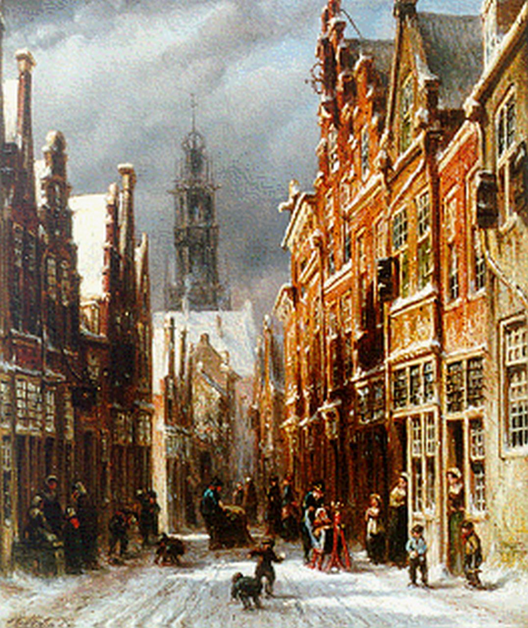 Vertin P.G. | Petrus Gerardus Vertin, Winters straatje met de Bakenessekerk, Haarlem, olieverf op paneel 25,4 x 21,2 cm, gesigneerd linksonder Vertin P.G. | Petrus Gerardus Vertin, Winters straatje met de Bakenessekerk, Haarlem, olieverf op paneel 25,4 x 21,2 cm, gesigneerd linksonder