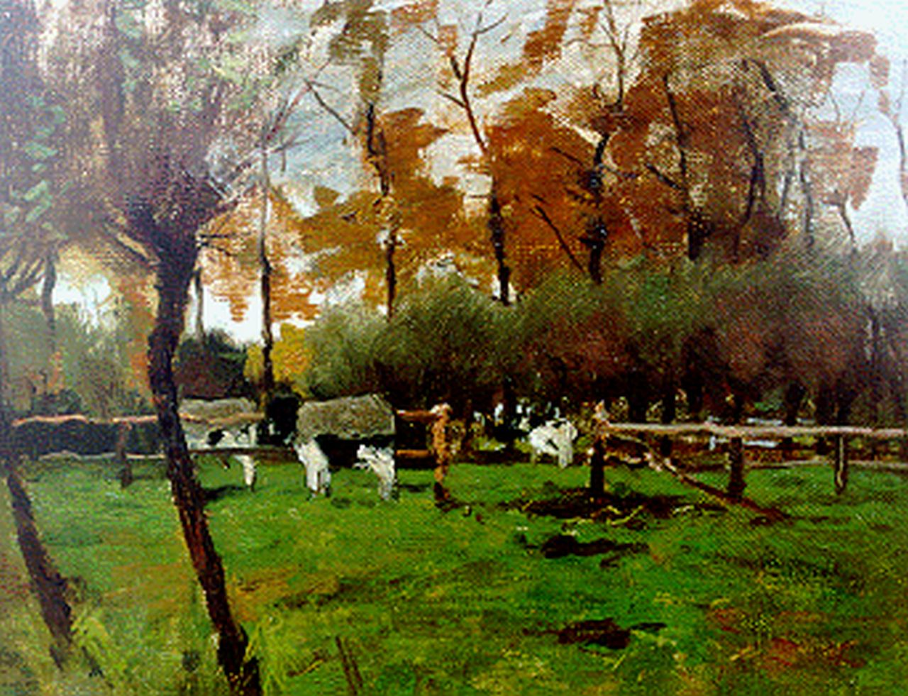 Poggenbeek G.J.H. | George Jan Hendrik 'Geo' Poggenbeek, Koeien bij een hek, olieverf op doek op paneel 24,4 x 32,4 cm Poggenbeek G.J.H. | George Jan Hendrik 'Geo' Poggenbeek, Koeien bij een hek, olieverf op doek op paneel 24,4 x 32,4 cm