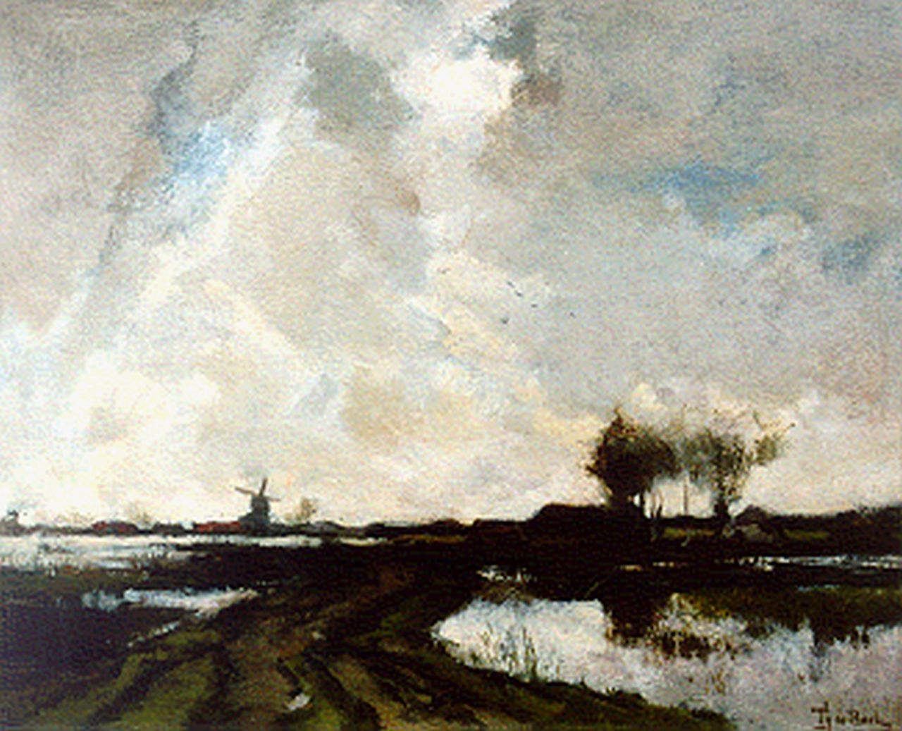 Bock T.E.A. de | Théophile Emile Achille de Bock, Polderlandschap, olieverf op doek 37,0 x 45,7 cm, gesigneerd rechtsonder Bock T.E.A. de | Théophile Emile Achille de Bock, Polderlandschap, olieverf op doek 37,0 x 45,7 cm, gesigneerd rechtsonder