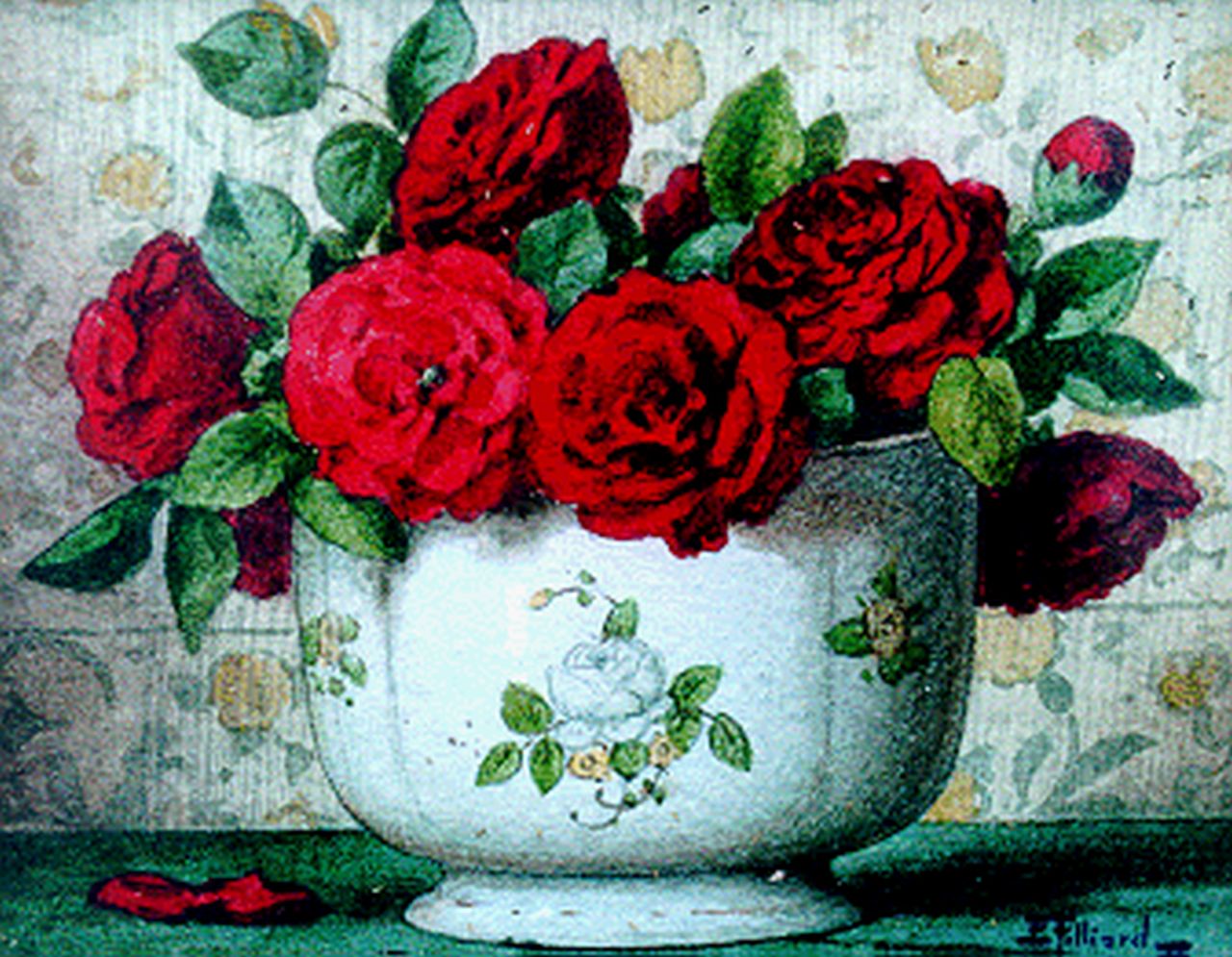 Filliard E.  | Ernest Filliard, Rode rozen in een pot, aquarel op papier 13,5 x 16,6 cm, gesigneerd rechtsonder