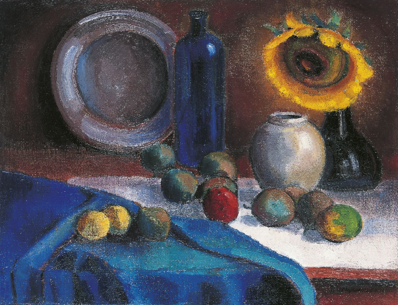Schuhmacher W.G.C.  | Wijtze Gerrit Carel 'Wim' Schuhmacher, Stilleven met zonnebloem en vruchten, olieverf op doek 51,5 x 66,3 cm, gesigneerd rechtsonder en gedateerd 1916