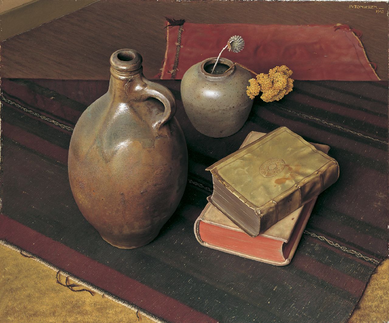 Tongeren J. van | Jan van Tongeren, Stilleven met boeken, kruik en vaas, olieverf op doek 50,4 x 60,0 cm, gesigneerd rechtsboven en gedateerd 1942 Tongeren J. van | Jan van Tongeren, Stilleven met boeken, kruik en vaas, olieverf op doek 50,4 x 60,0 cm, gesigneerd rechtsboven en gedateerd 1942