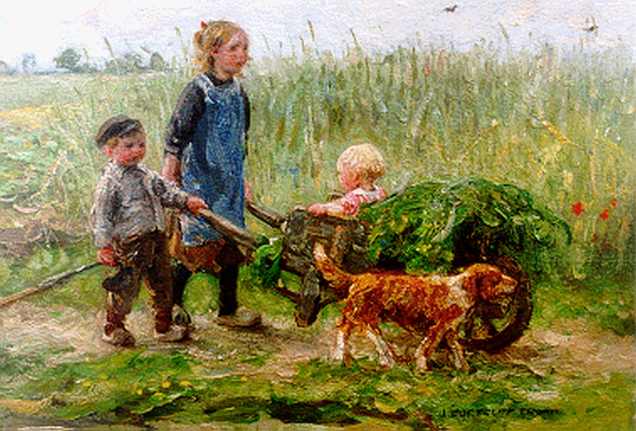 Zoetelief Tromp J. | Johannes 'Jan' Zoetelief Tromp, Kinderen met hond in het veld, olieverf op paneel 23,7 x 34,0 cm, gesigneerd rechtsonder Zoetelief Tromp J. | Johannes 'Jan' Zoetelief Tromp, Kinderen met hond in het veld, olieverf op paneel 23,7 x 34,0 cm, gesigneerd rechtsonder