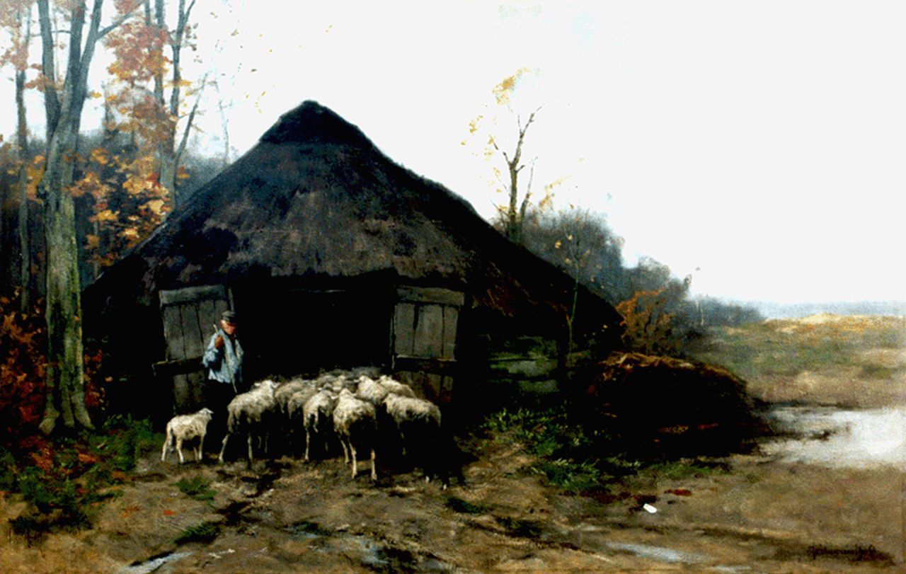 Scherrewitz J.F.C. | Johan Frederik Cornelis Scherrewitz, Herder met zijn kudde bij de schaapskooi, olieverf op doek 80,6 x 126,0 cm, gesigneerd rechtsonder Scherrewitz J.F.C. | Johan Frederik Cornelis Scherrewitz, Herder met zijn kudde bij de schaapskooi, olieverf op doek 80,6 x 126,0 cm, gesigneerd rechtsonder