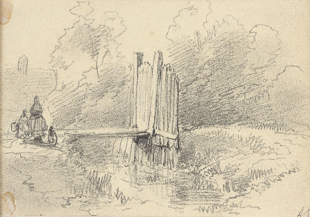 Schelfhout A.  | Andreas Schelfhout, Figuren bij een sloot, potlood en krijt op papier 11,3 x 16,2 cm, gesigneerd initialen en geschonken aan de Kunsthal