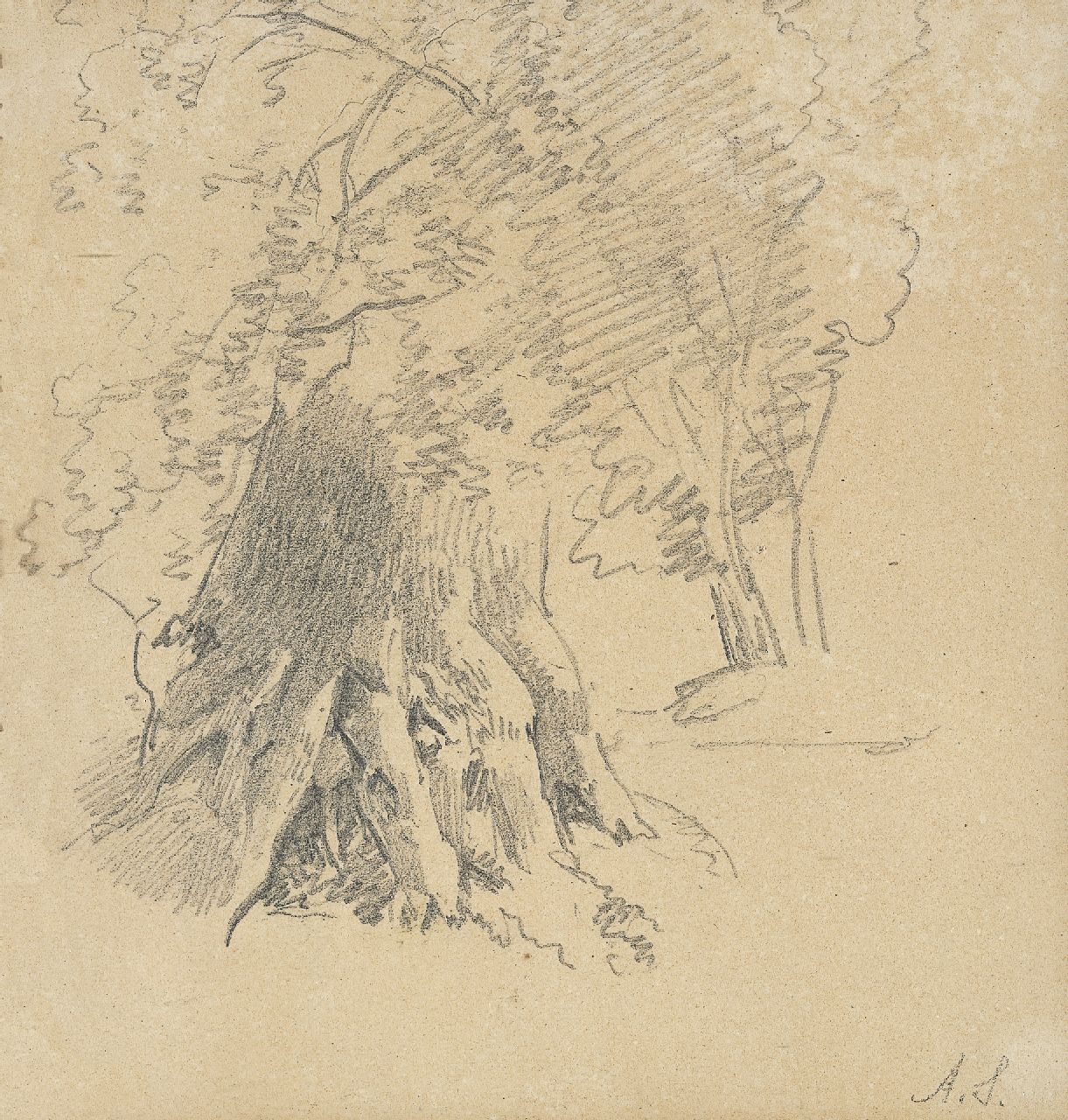 Schelfhout A. | Andreas Schelfhout, Boomstudie, potlood op papier 17,9 x 17,4 cm, gesigneerd rechtsonder met initialen Schelfhout A. | Andreas Schelfhout, Boomstudie, potlood op papier 17,9 x 17,4 cm, gesigneerd rechtsonder met initialen