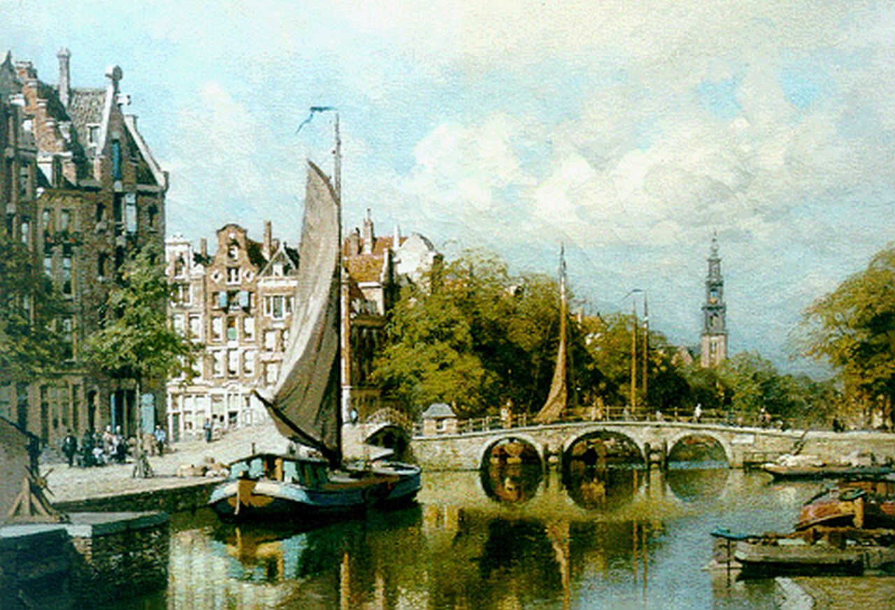 Klinkenberg J.C.K. | Johannes Christiaan Karel Klinkenberg, Amsterdamse gracht met afgemeerde platbodems, olieverf op doek 39,0 x 53,2 cm, gesigneerd rechtsonder Klinkenberg J.C.K. | Johannes Christiaan Karel Klinkenberg, Amsterdamse gracht met afgemeerde platbodems, olieverf op doek 39,0 x 53,2 cm, gesigneerd rechtsonder